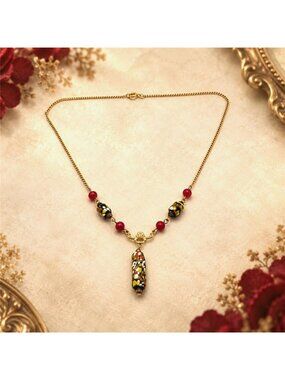 Millefiori Art Glass Drop Pendant Necklace Red Beads Gold Tone 17 In Vintage
